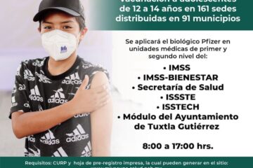 Inicia vacunación anti COVID-19 a adolescentes de 12 a 14 años en Chiapas